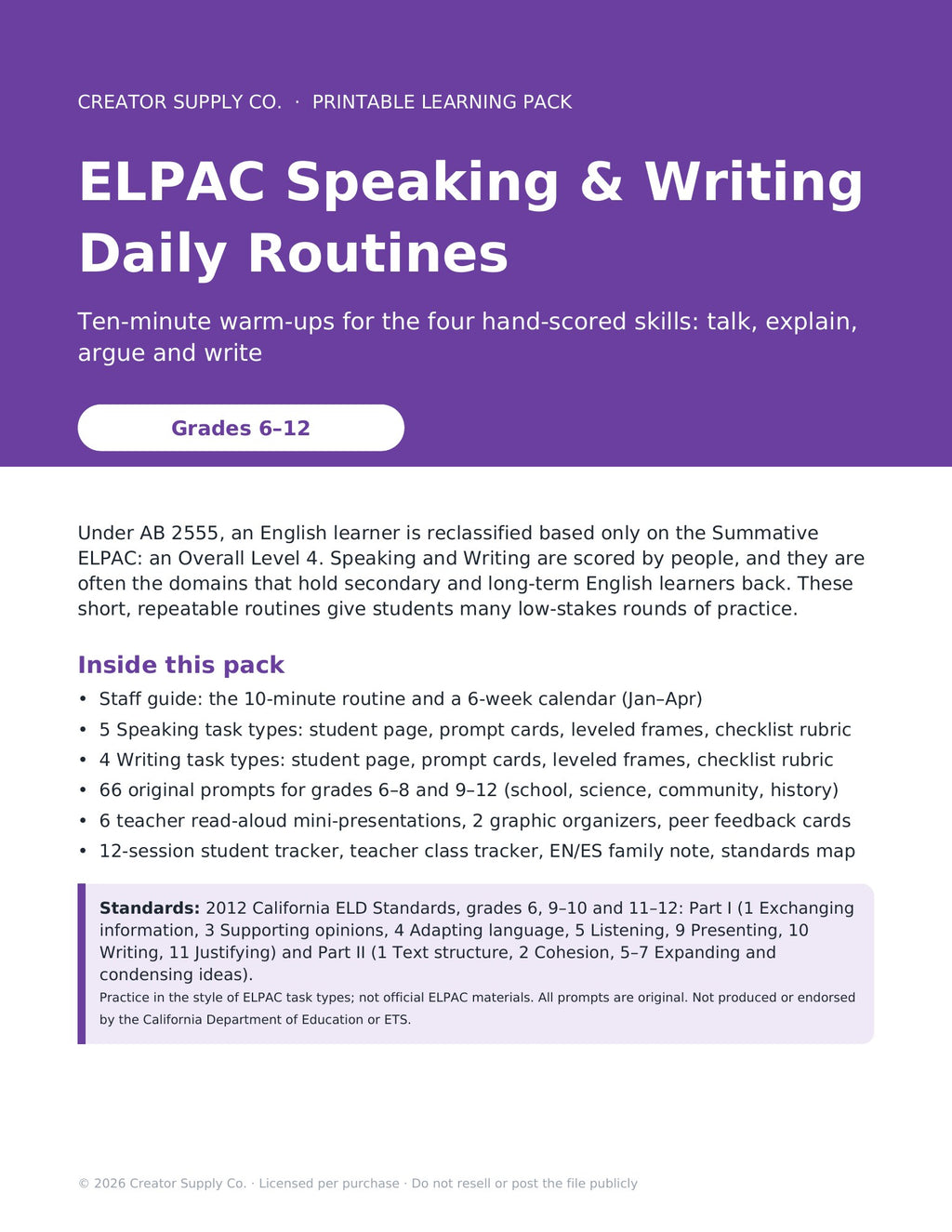 ELPAC Speaking & Writing Daily Routines (Grades 6–12) - cover
