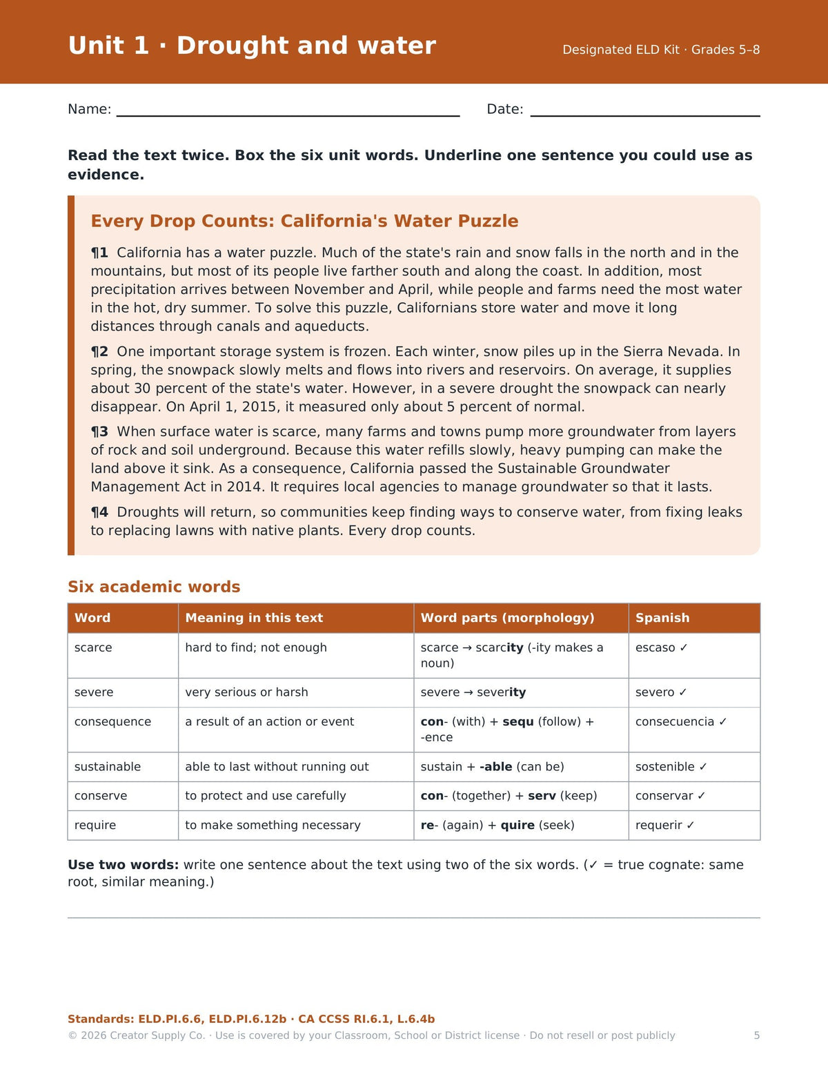 Sample page from the Designated ELD Kit for Long-Term English Learners (Grades 5–8), included in the bundle