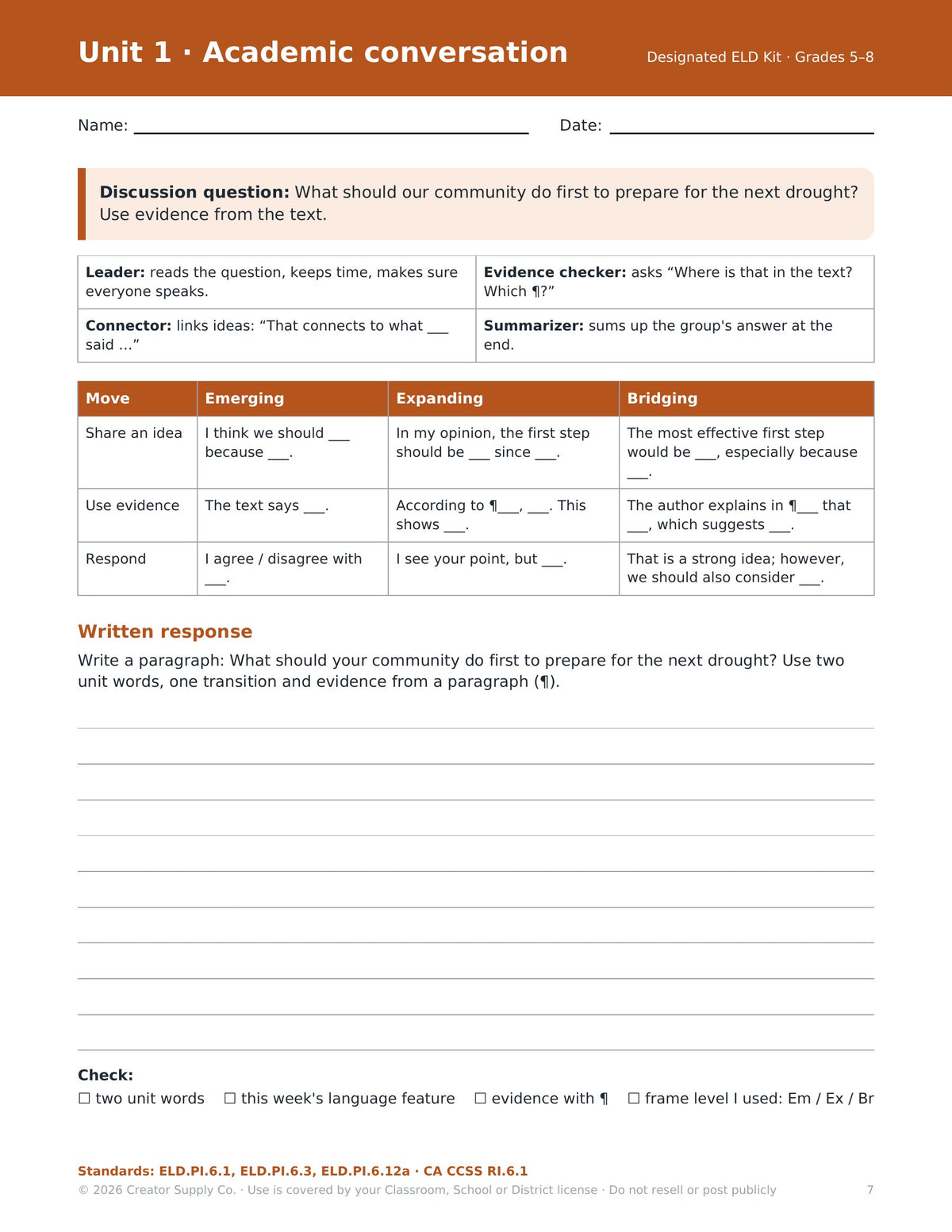 Designated ELD academic conversation page with Emerging, Expanding and Bridging discussion frames