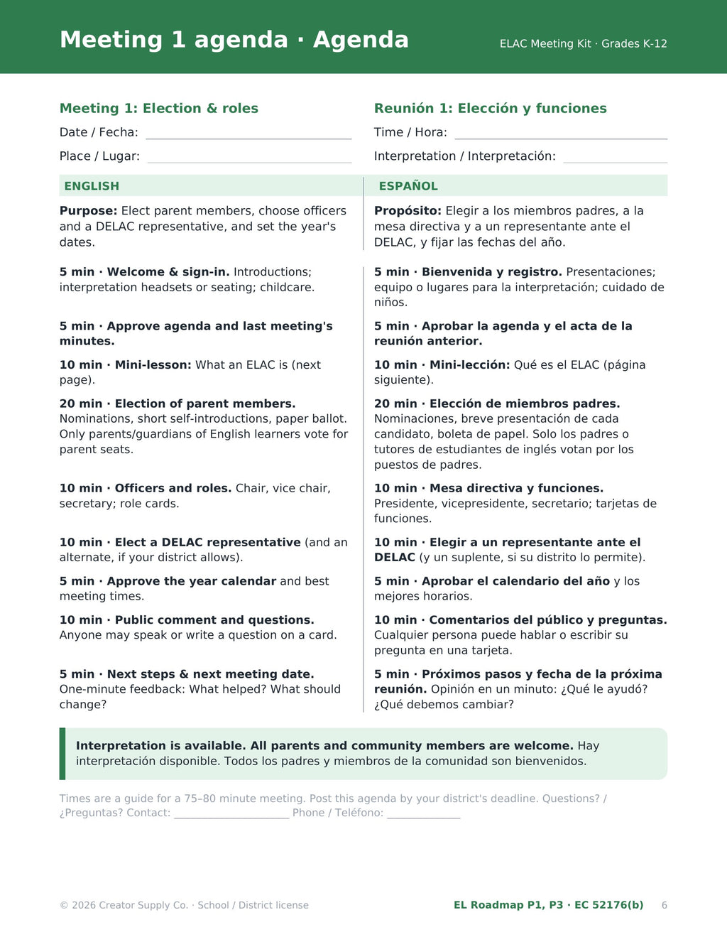 ELAC Meeting 1 agenda for election and roles, side by side in English and Spanish