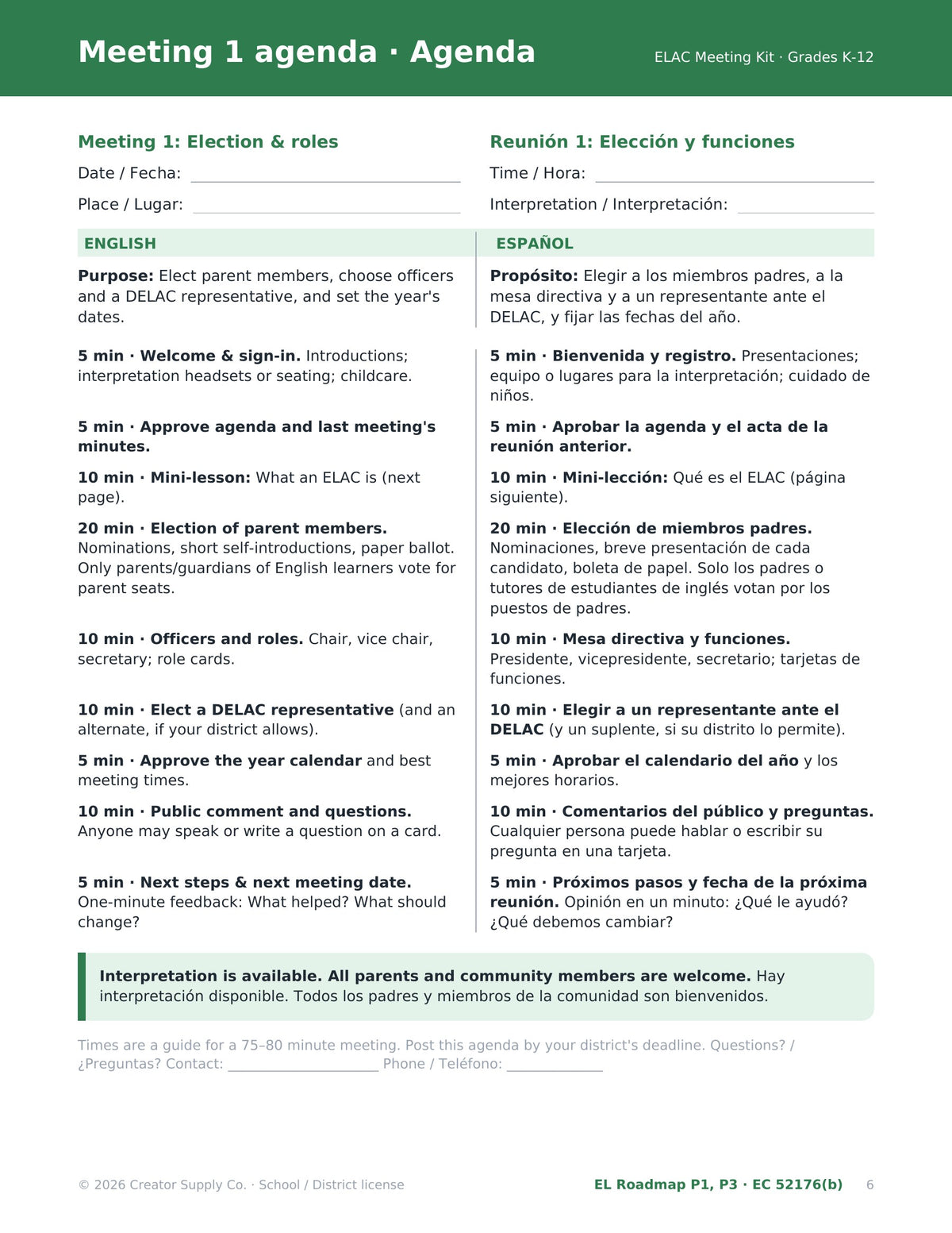 ELAC Meeting 1 agenda for election and roles, side by side in English and Spanish