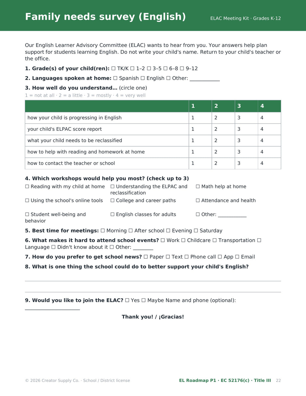 ELAC family needs survey asking parents about ELPAC, reclassification and workshop topics