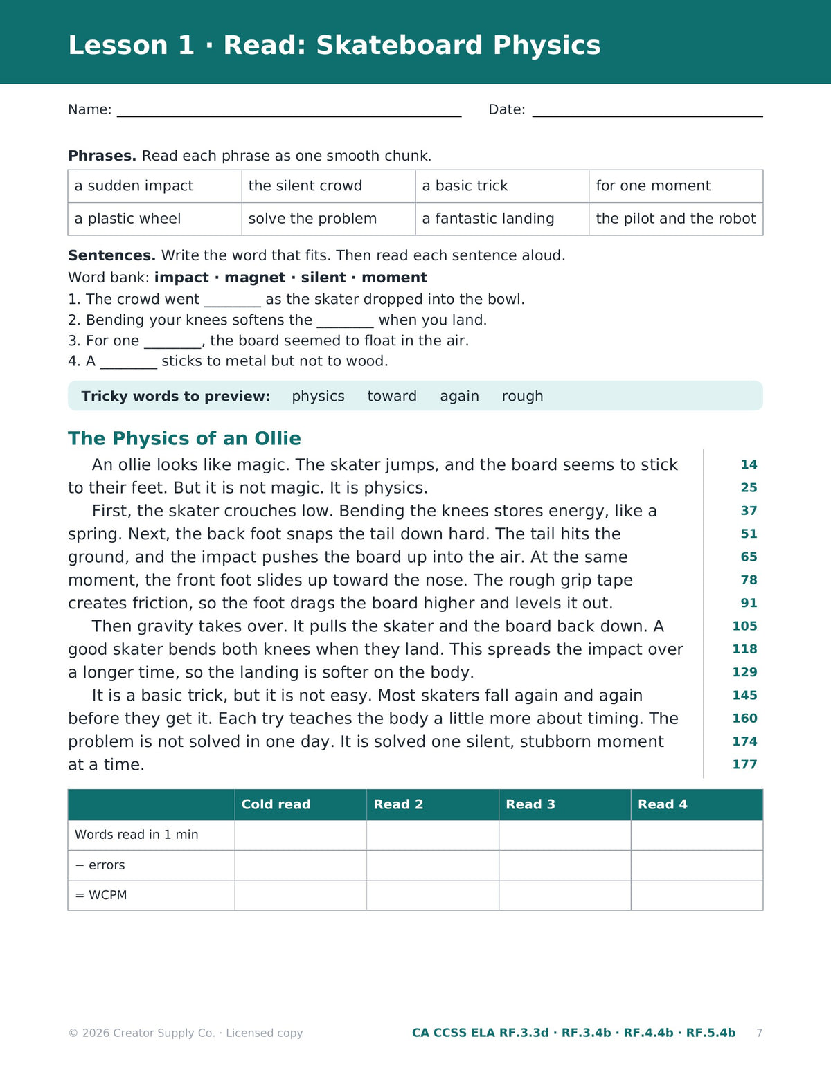 Word Power Lesson 1 hi-lo fluency passage The Physics of an Ollie with phrase practice and WCPM tracker