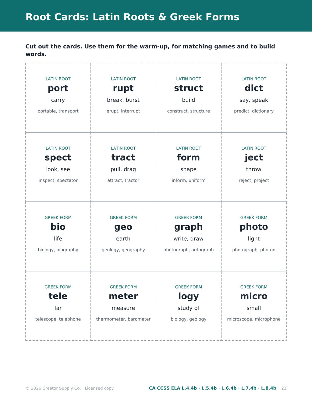 Latin root and Greek form cards such as port, rupt, struct, bio and graph for older readers