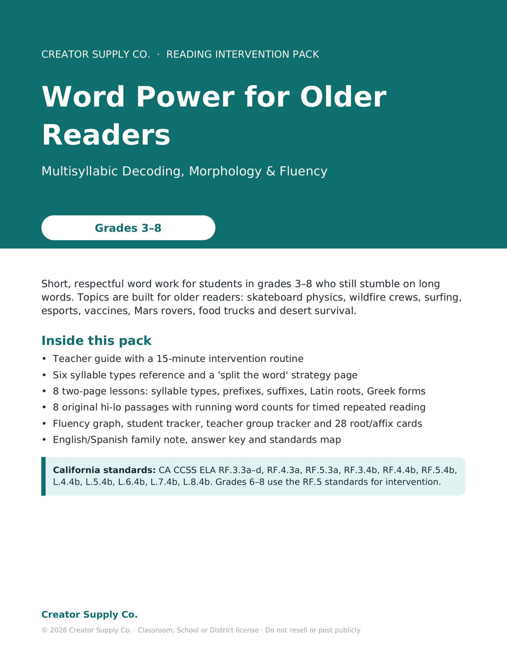 Word Power for Older Readers: Multisyllabic Decoding, Morphology & Fluency (Grades 3–8) - cover