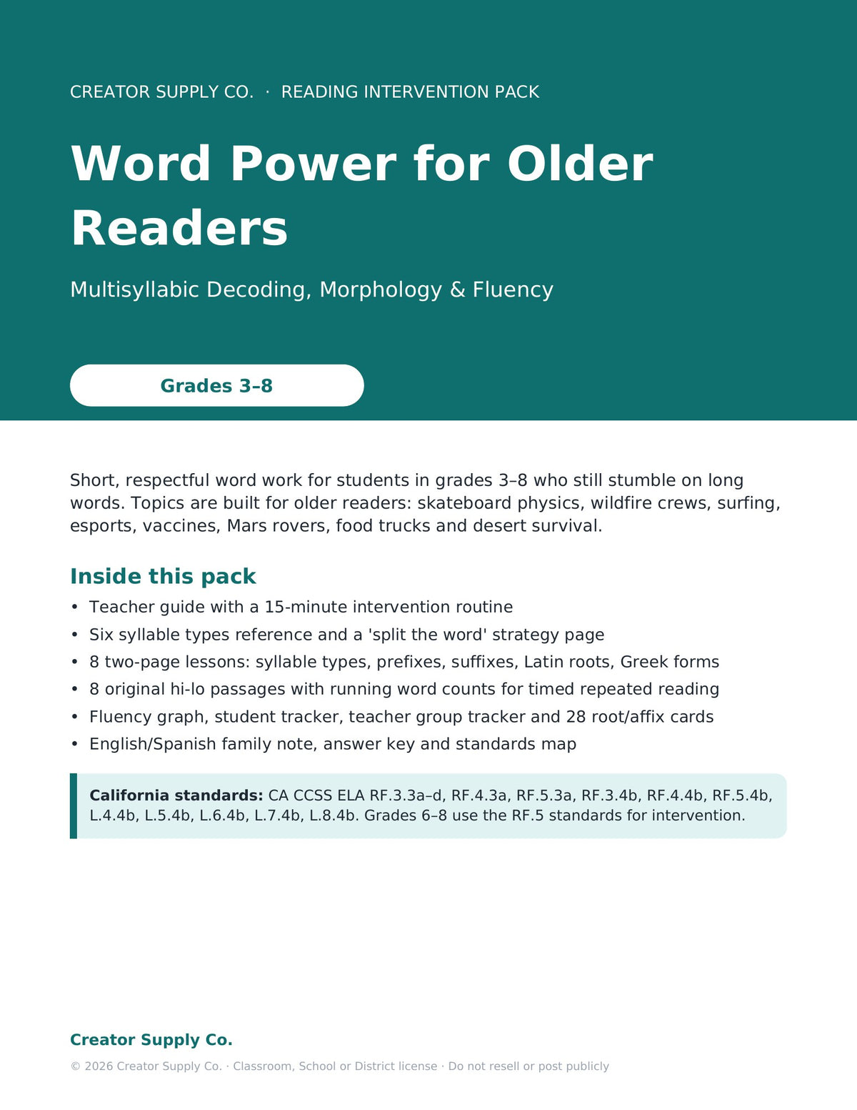 Word Power for Older Readers: Multisyllabic Decoding, Morphology & Fluency (Grades 3–8) - cover