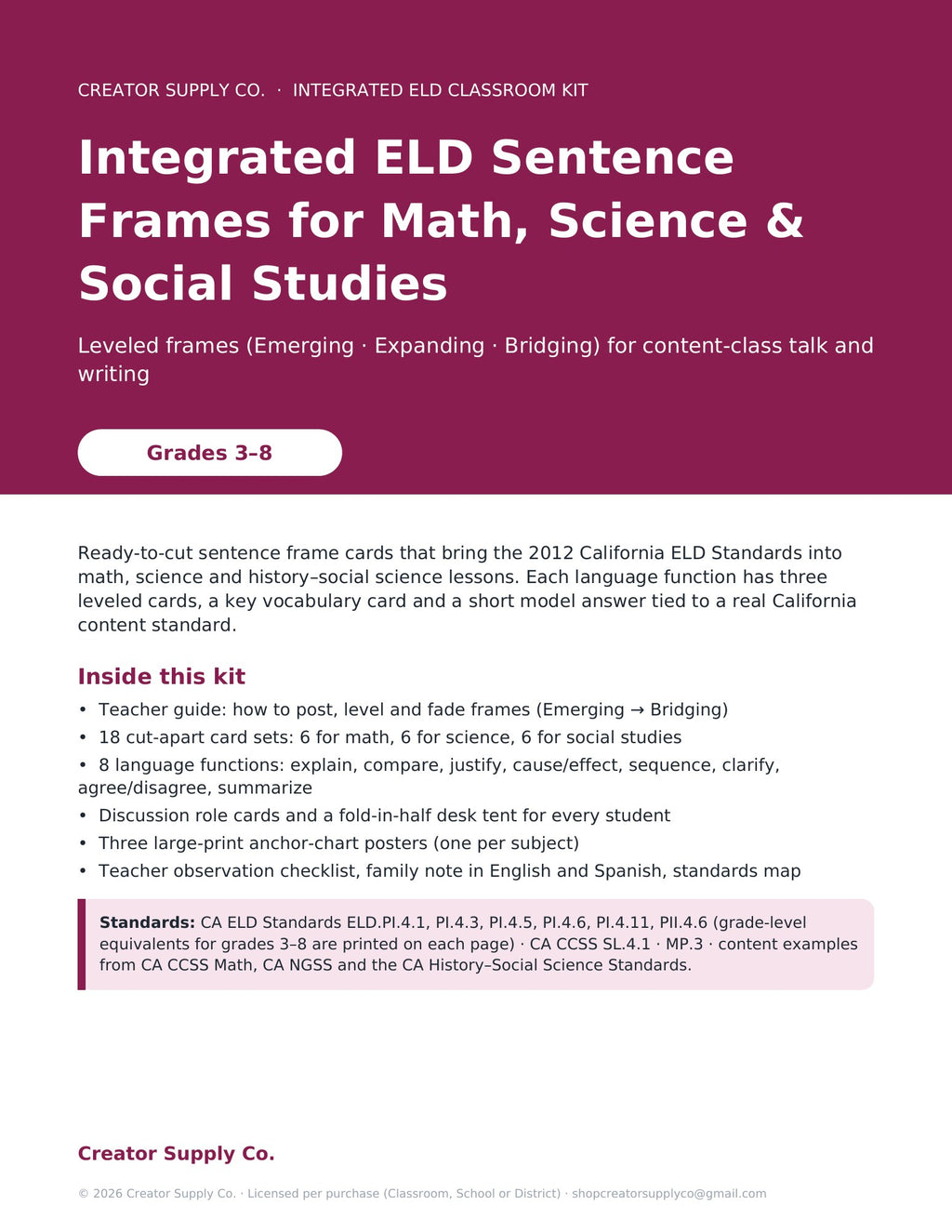 Integrated ELD Sentence Frames for Math, Science & Social Studies (Grades 3–8) - cover