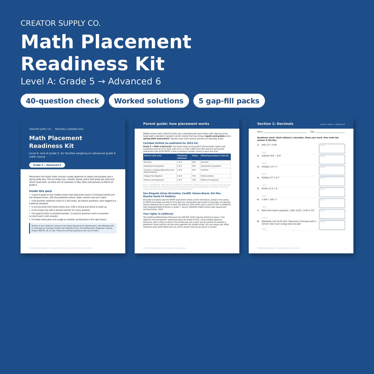 Level A, Grade 5 to Advanced 6: cover, parent guide and readiness check pages