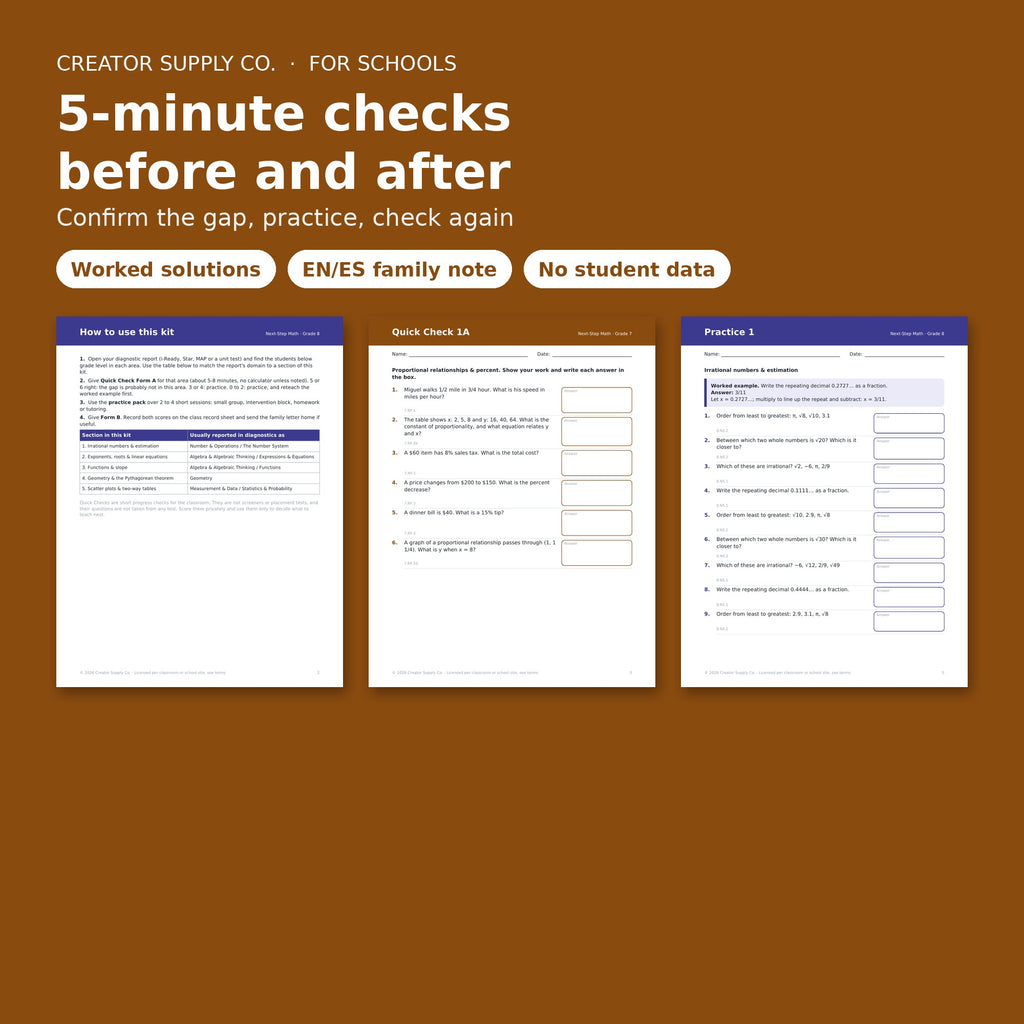 How-to page, a grade 7 Quick Check and a grade 8 practice page