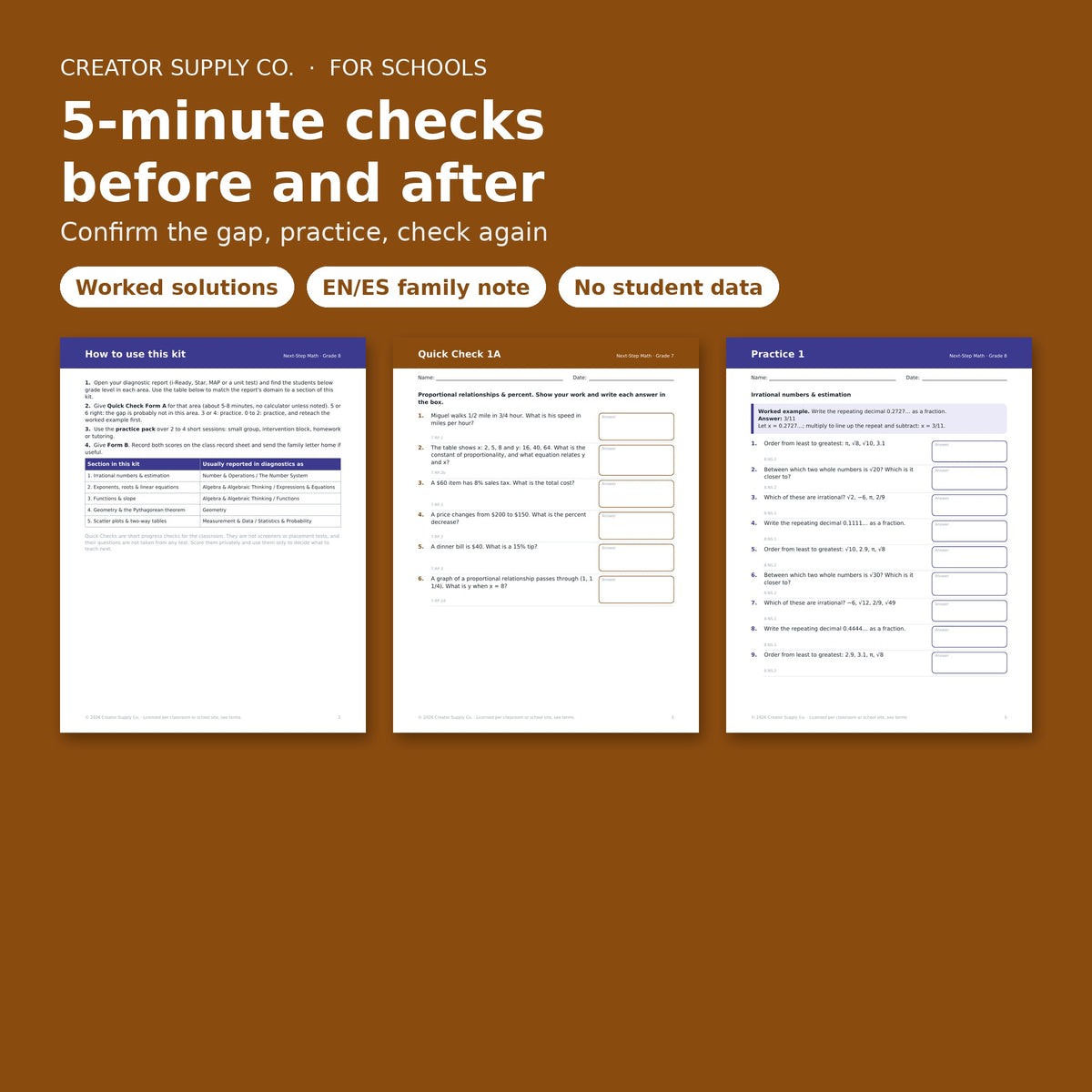 How-to page, a grade 7 Quick Check and a grade 8 practice page