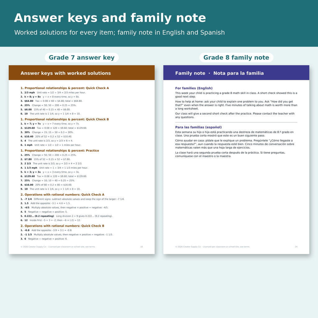 Grade 7 answer key with worked solutions and the grade 8 family note in English and Spanish