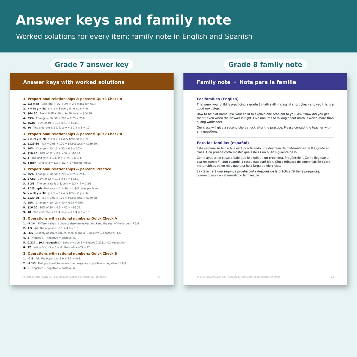 Grade 7 answer key with worked solutions and the grade 8 family note in English and Spanish