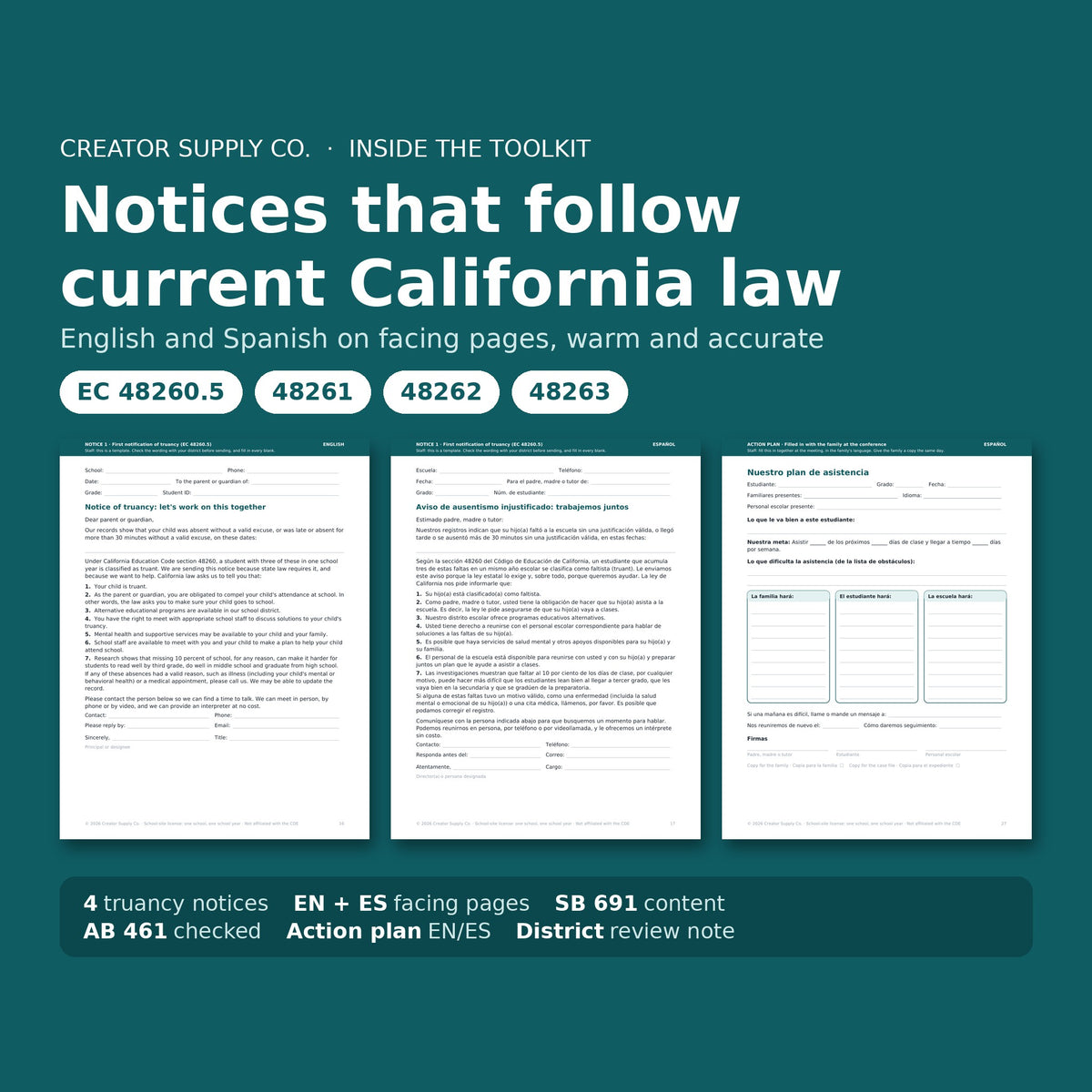 Sample pages: English and Spanish notices, conference guide and trackers