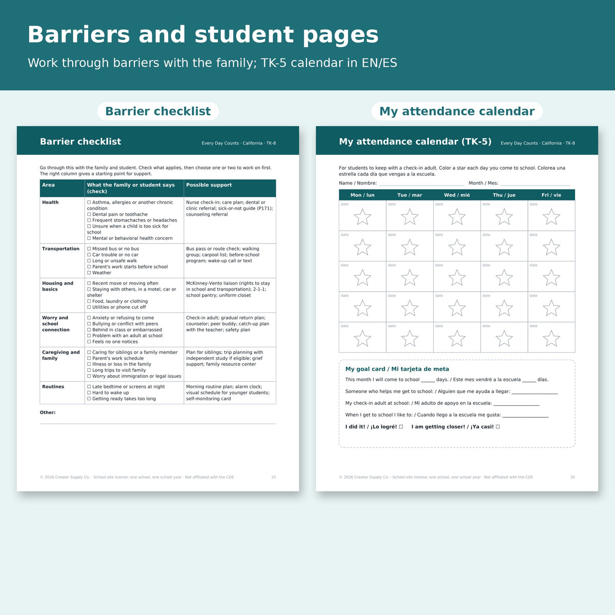 Barrier checklist for family conferences and bilingual TK-5 My Attendance Calendar with goal card