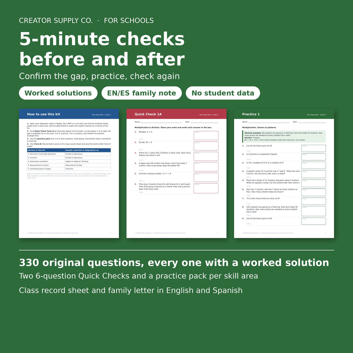 Sample pages: how-to table, Quick Check and practice pack