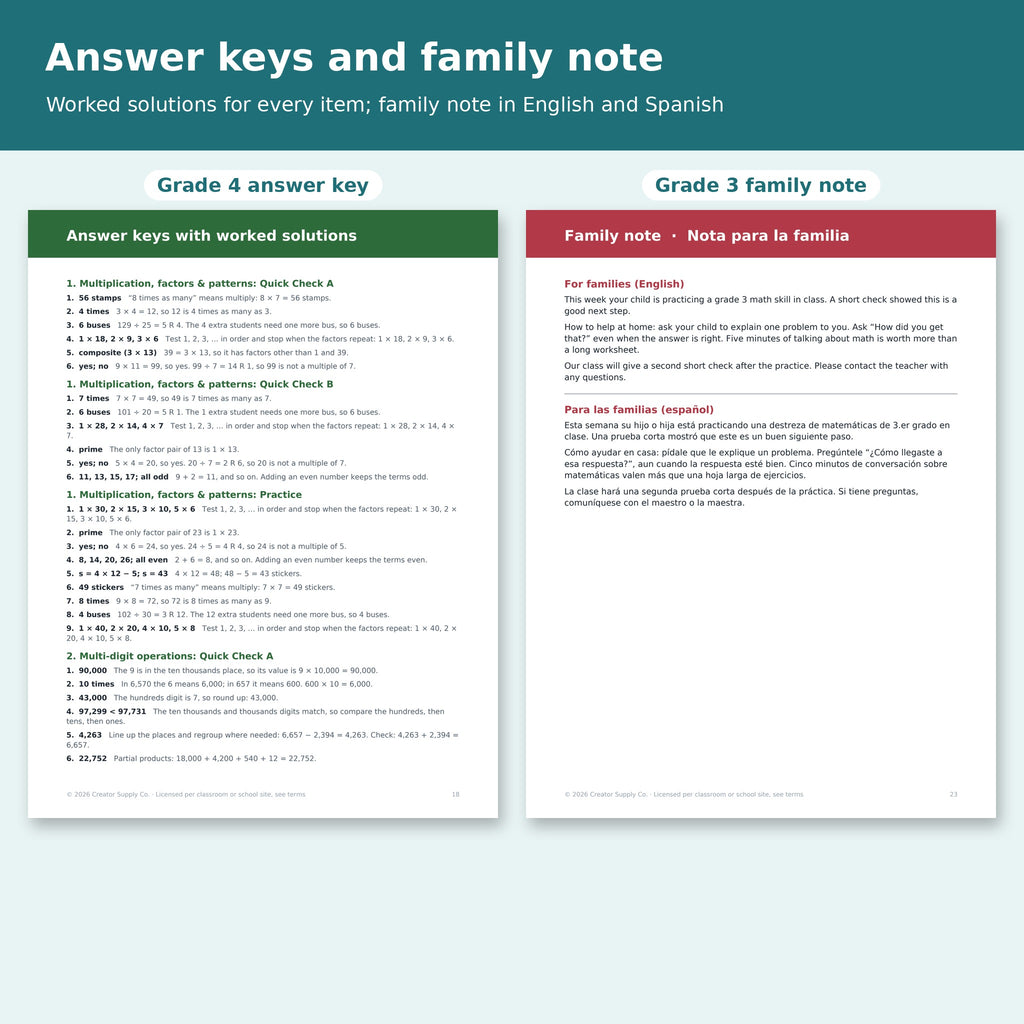 Grade 4 answer key with worked solutions and the grade 3 family note in English and Spanish
