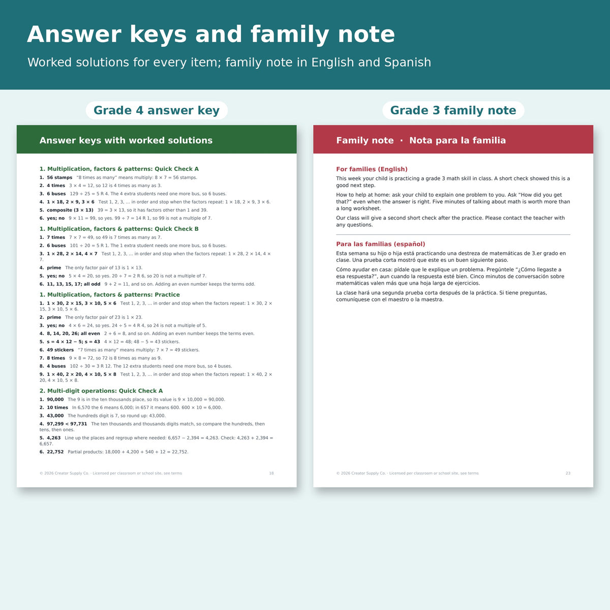 Grade 4 answer key with worked solutions and the grade 3 family note in English and Spanish