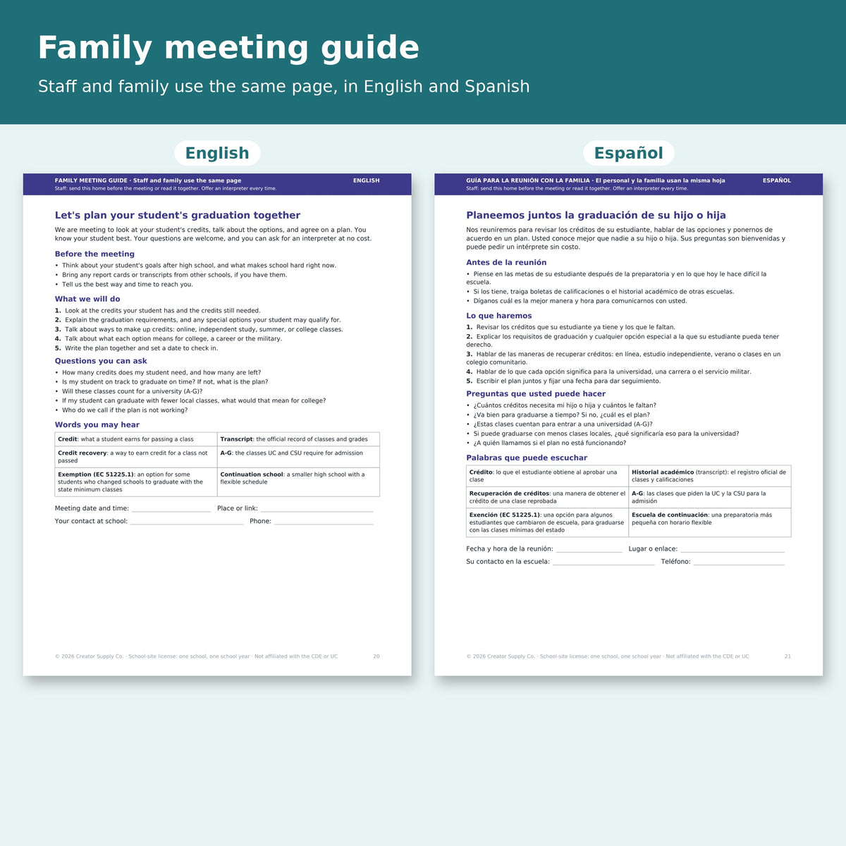 Family meeting guide in English and Spanish: before the meeting, what we will do, questions and key words