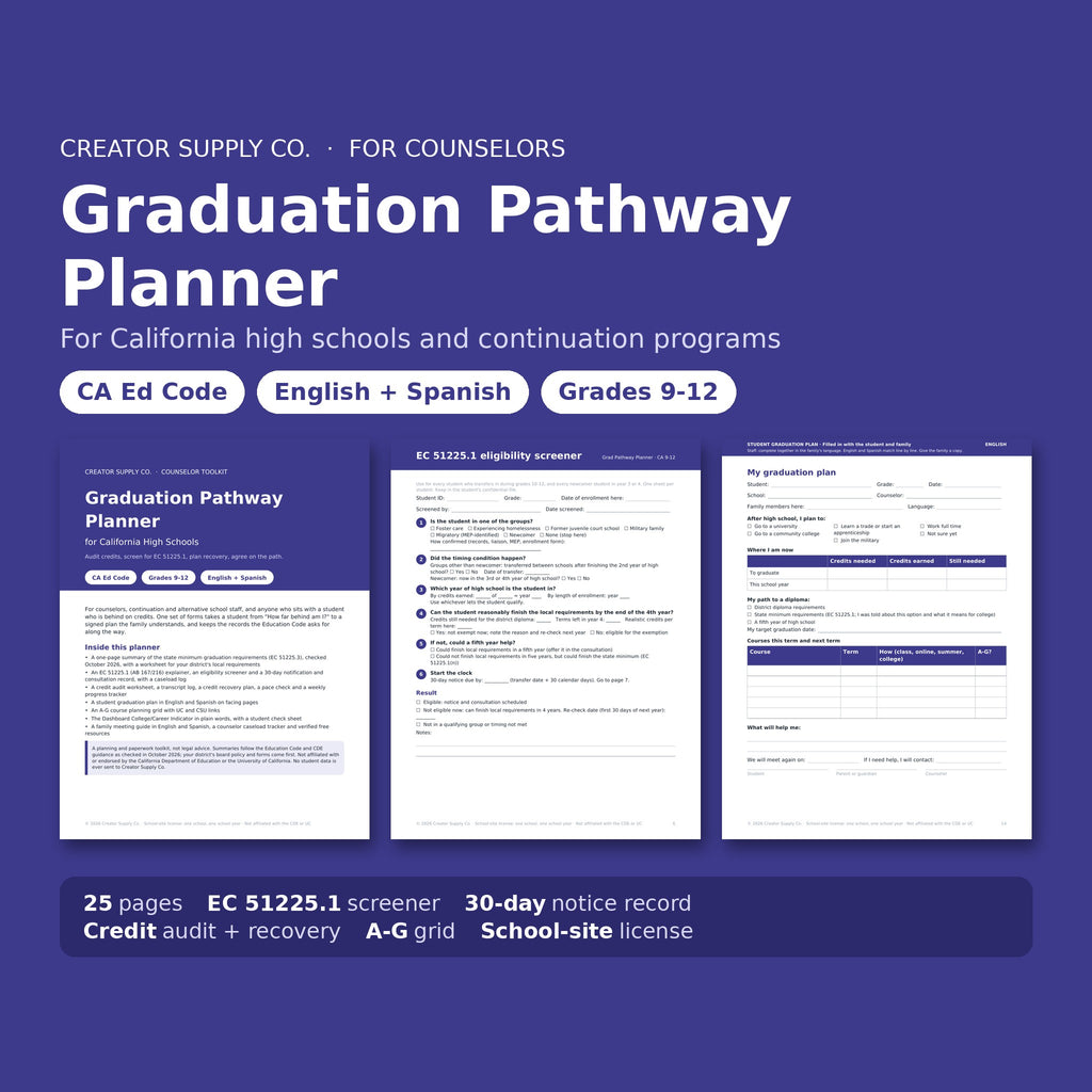 Graduation Pathway Planner cover, EC 51225.1 screener and graduation plan pages