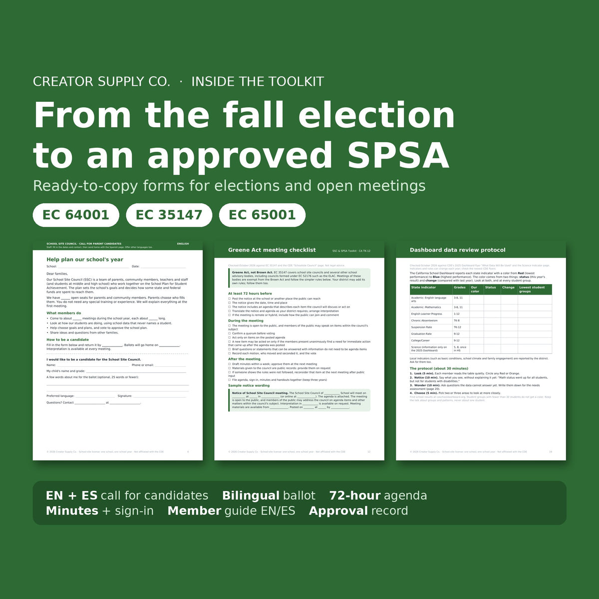 Sample pages: bilingual ballot, Greene Act agenda and SPSA goal builder