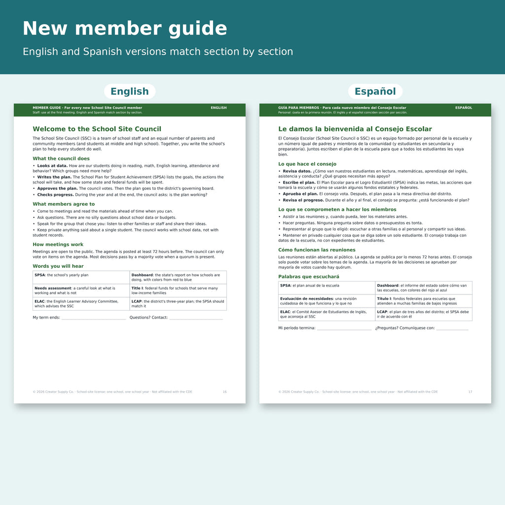 New School Site Council member guide in English and Spanish, matching section by section