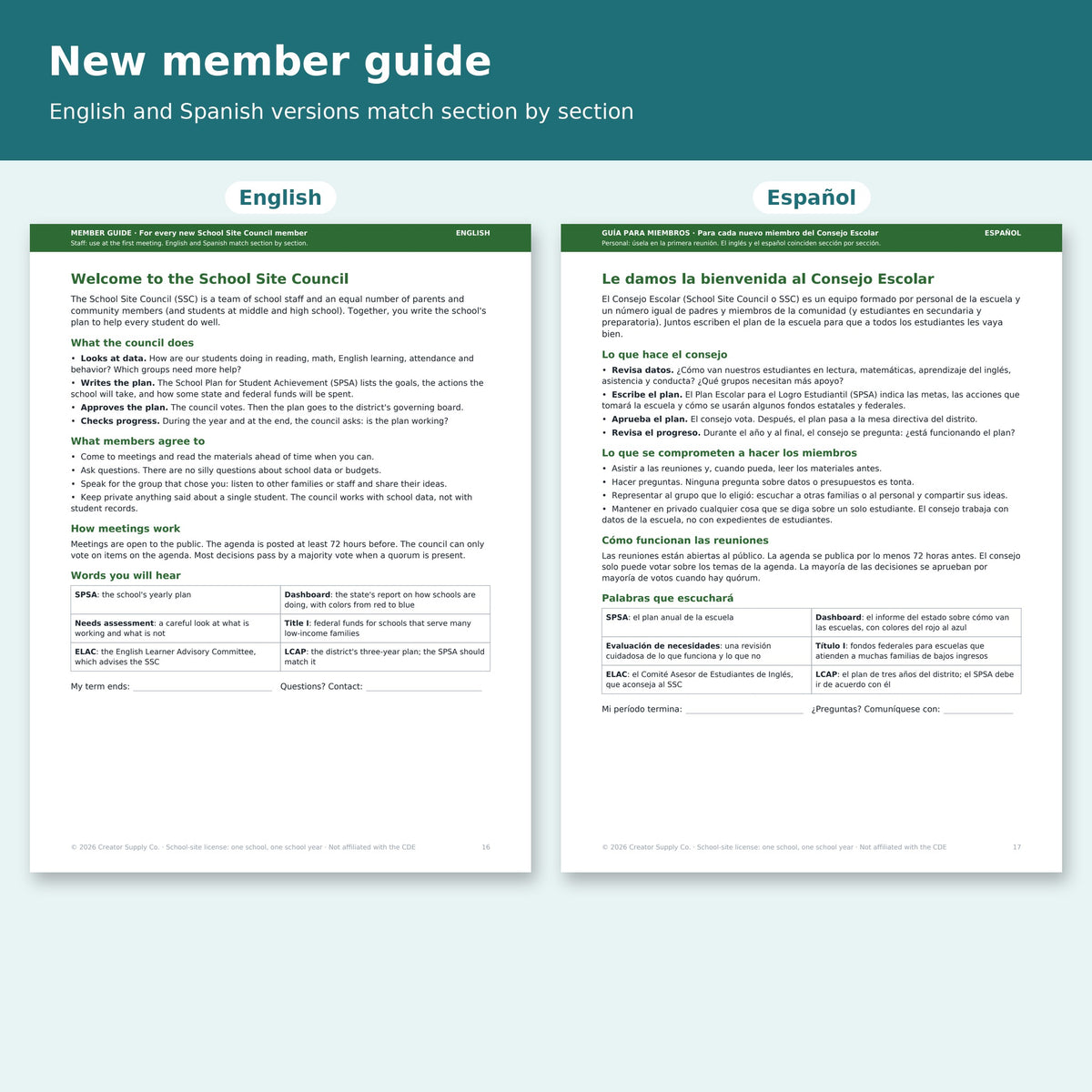 New School Site Council member guide in English and Spanish, matching section by section