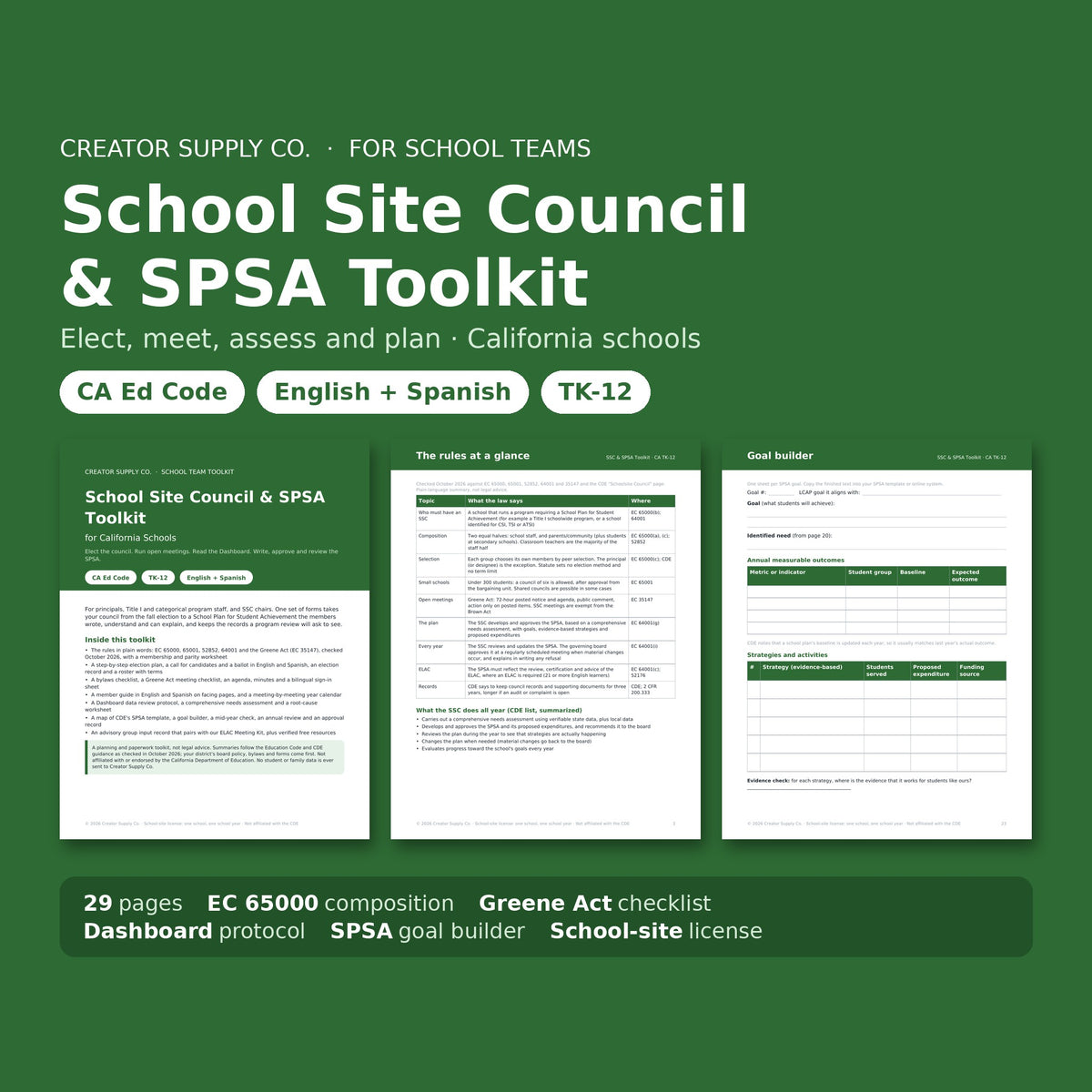 School Site Council and SPSA Toolkit cover and sample pages