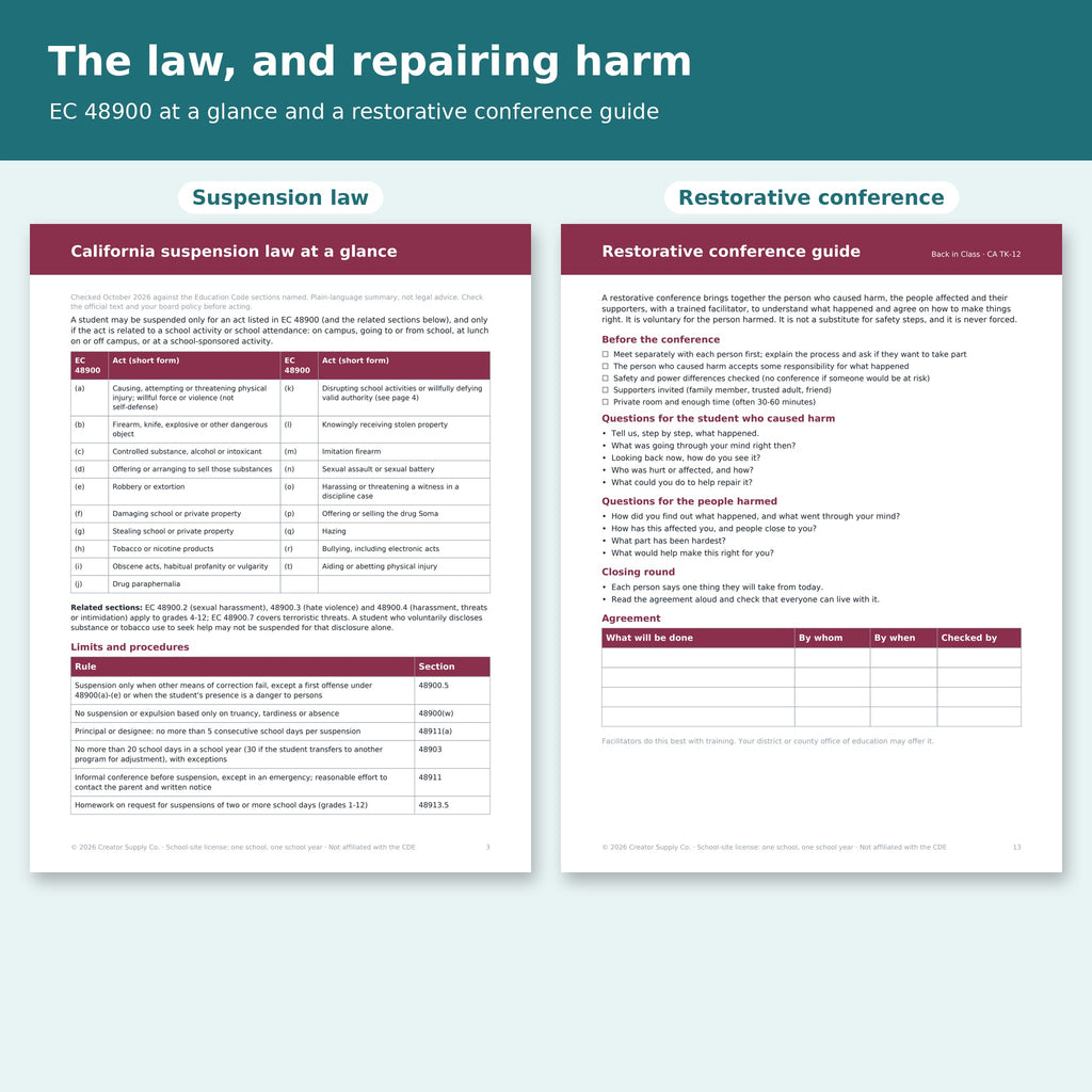 California suspension law at a glance (EC 48900) and restorative conference guide pages