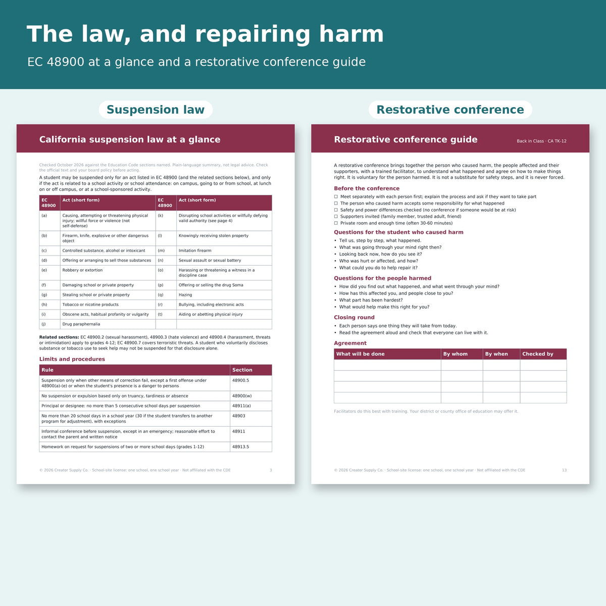 California suspension law at a glance (EC 48900) and restorative conference guide pages