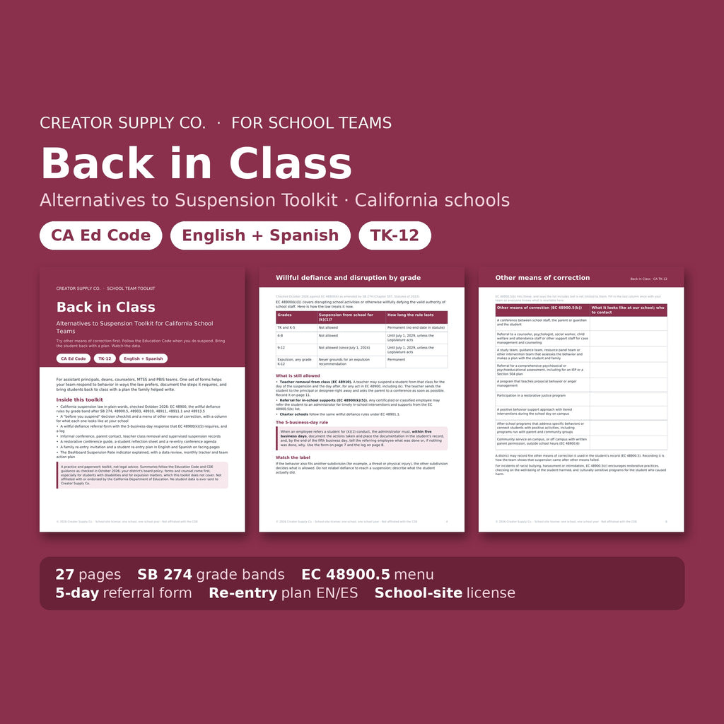Back in Class alternatives to suspension toolkit cover and sample pages