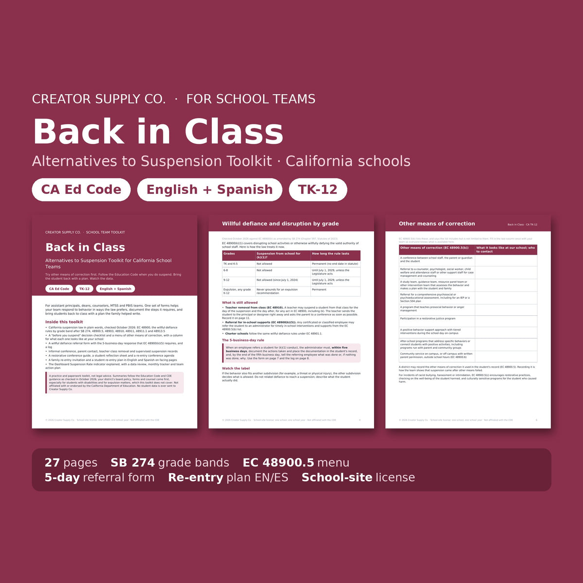 Back in Class alternatives to suspension toolkit cover and sample pages
