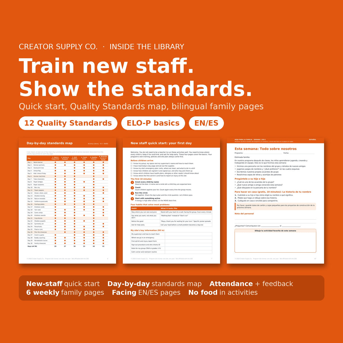 Sample pages: puzzles, staff quick start and English and Spanish family page