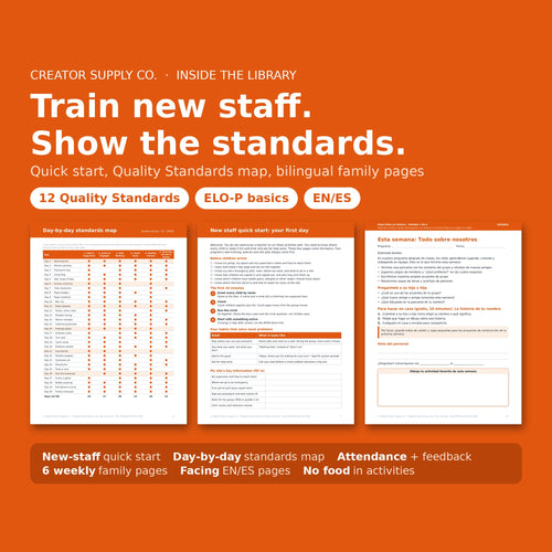 Sample pages: puzzles, staff quick start and English and Spanish family page