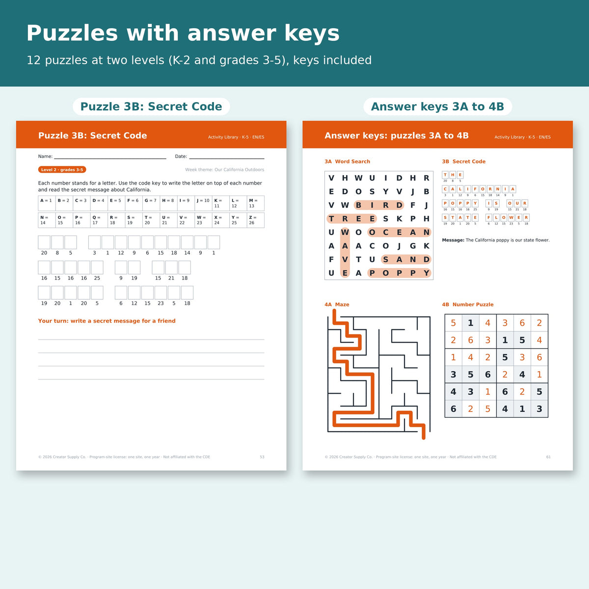 Puzzle 3B Secret Code page and answer keys for puzzles 3A to 4B