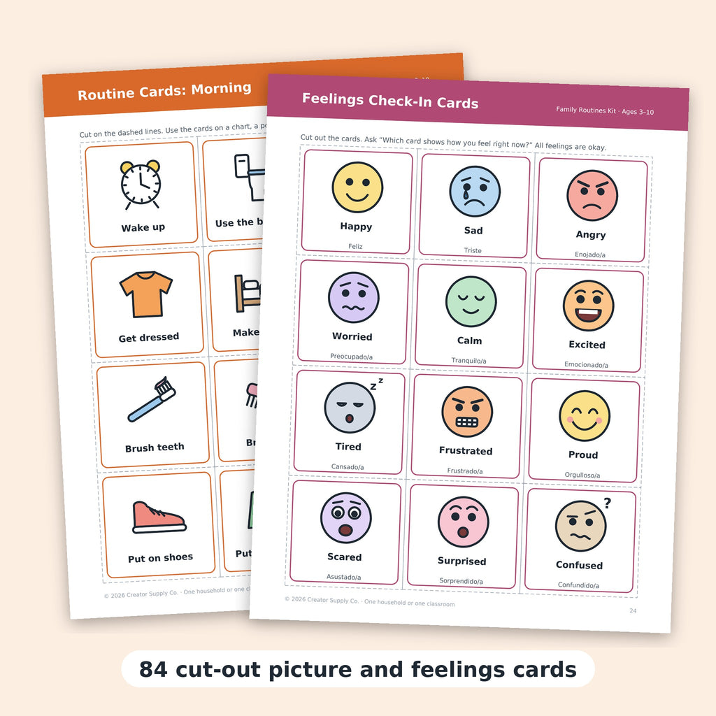 Morning routine cards and English/Spanish feelings check-in cards