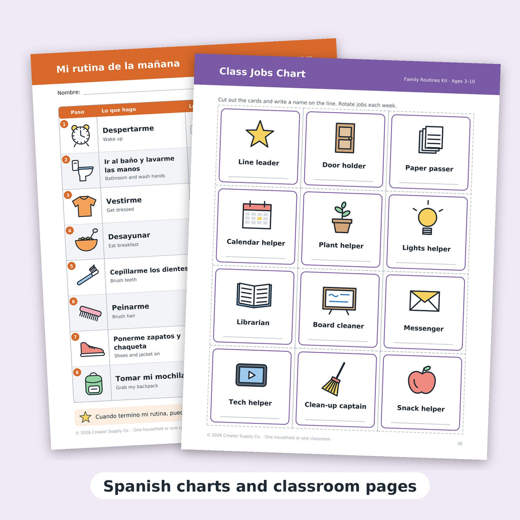 Spanish morning routine chart and class jobs chart