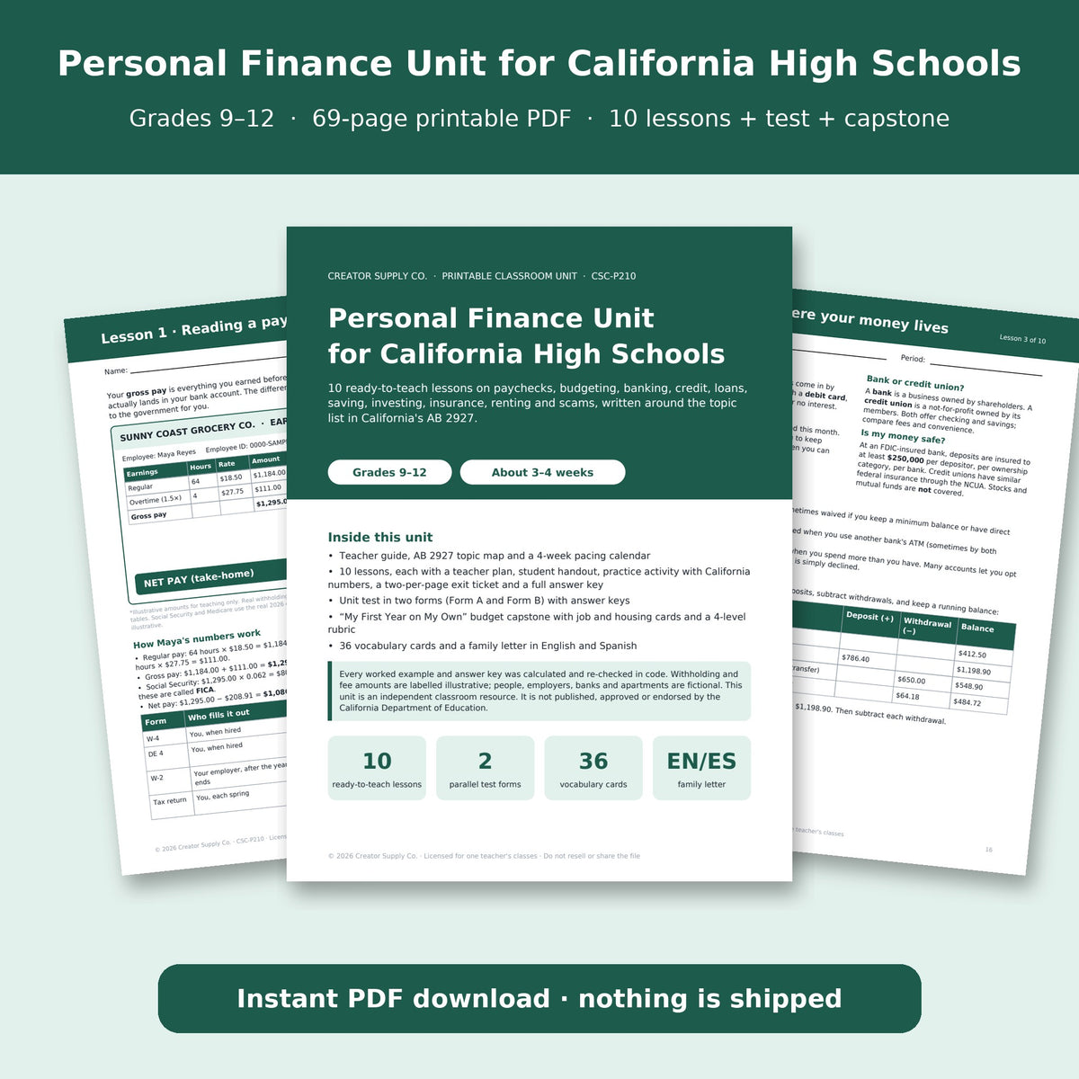 Personal Finance Unit for California High Schools cover