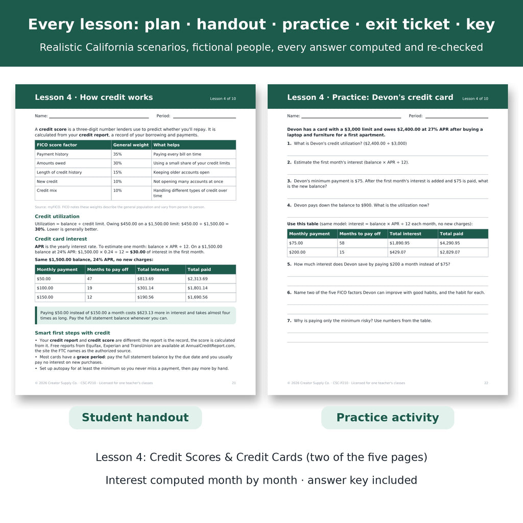 Lesson spread: teacher plan, student handout, practice and answer key