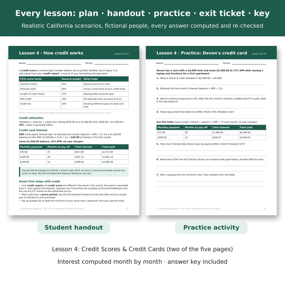 Lesson spread: teacher plan, student handout, practice and answer key