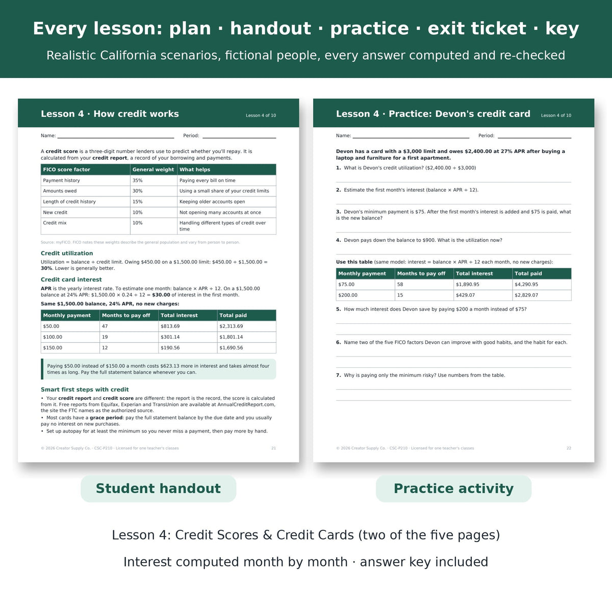 Included: Personal Finance Unit lesson spread with teacher plan, student handout, practice and answer key