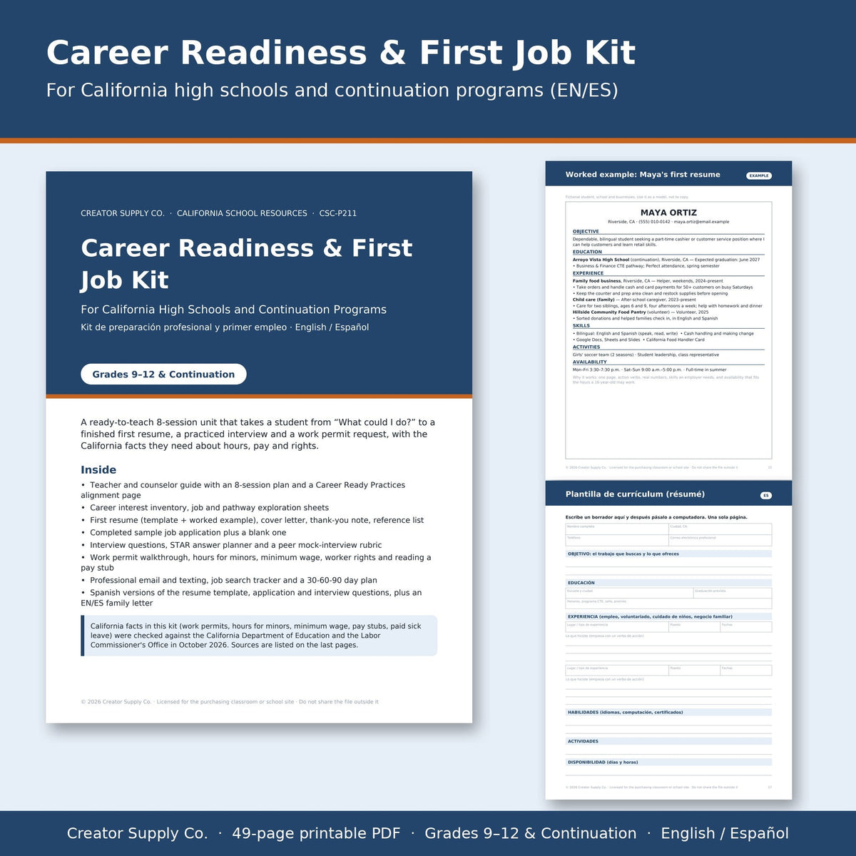 Included: Career Readiness & First Job Kit, worked resume example and Spanish resume template