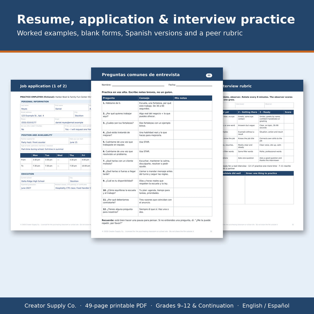 Sample job application, Spanish interview questions and peer mock-interview rubric