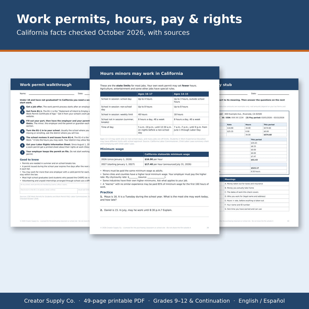 California work permit walkthrough, minor work hours and minimum wage, pay stub page