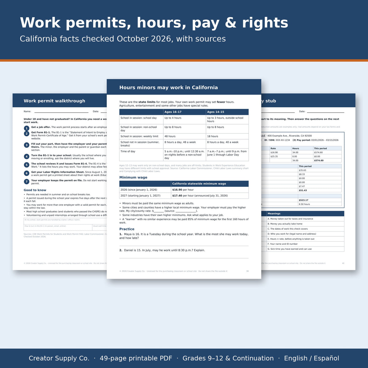 California work permit walkthrough, minor work hours and minimum wage, pay stub page
