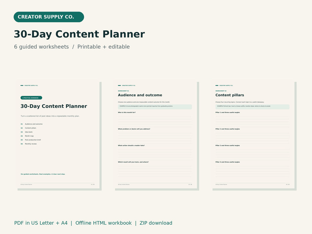 30-Day Content Planner – printable PDF pages preview