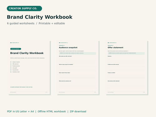 Brand Clarity Workbook – printable PDF pages preview