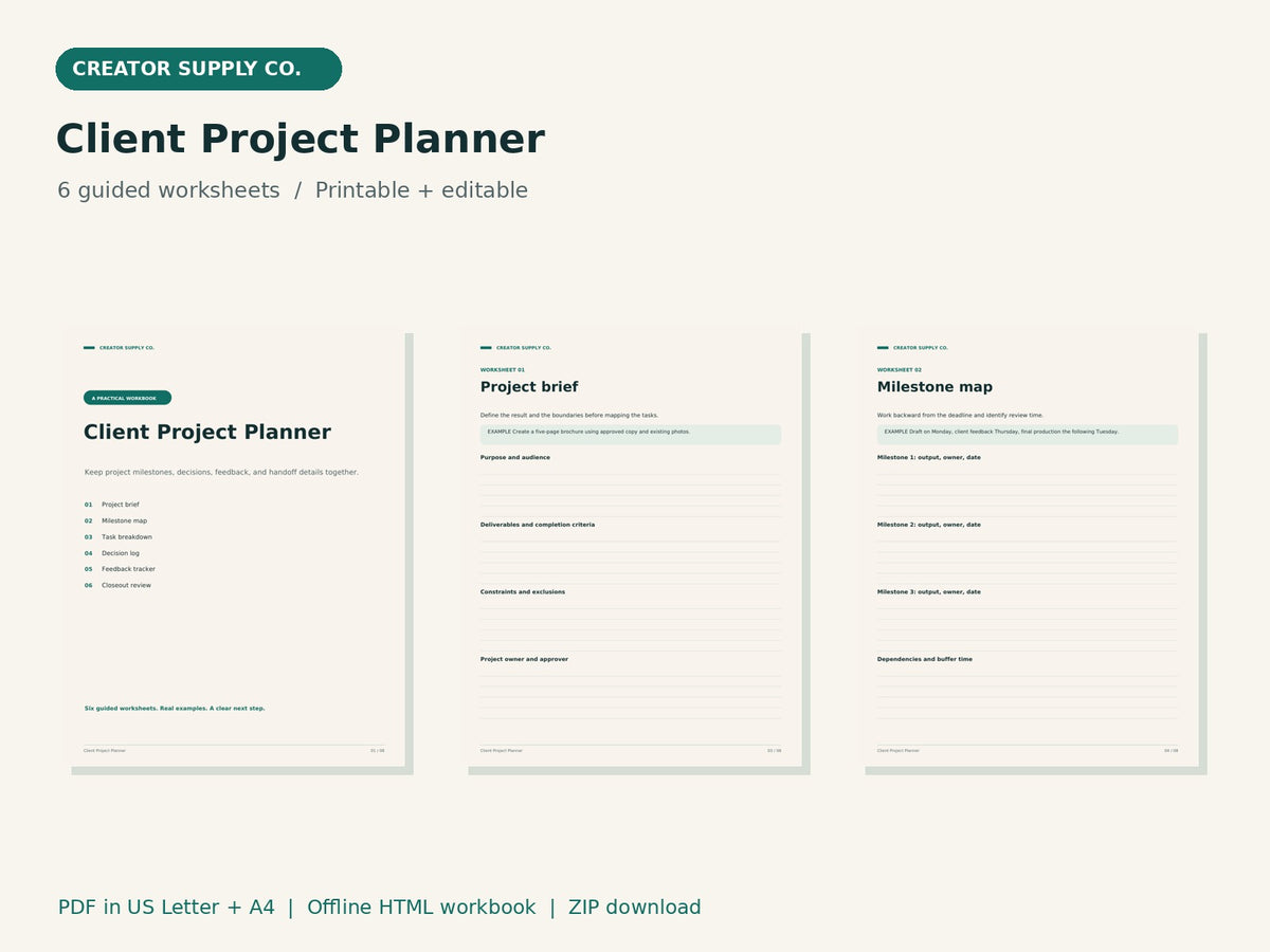 Client Project Planner – printable PDF pages preview
