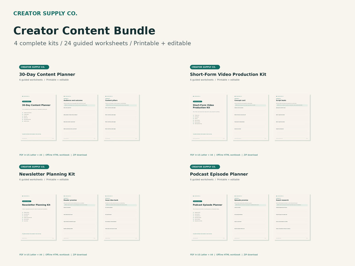 The four workbooks included in Creator Content Bundle