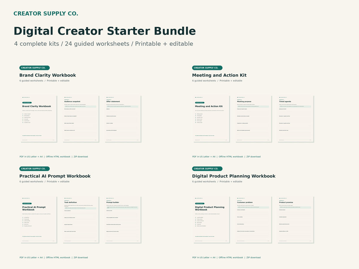 The four workbooks included in Digital Creator Starter Bundle