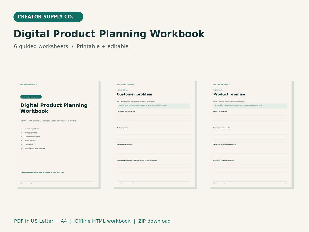 Digital Product Planning Workbook – printable PDF pages preview